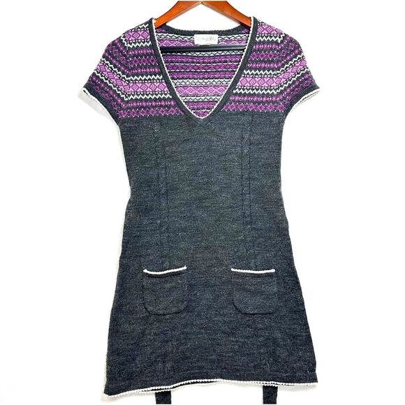 Belle Du Tour Small Wool Fair Isle Tied A-Line Sweater Dress V-Neck Pockets Knit - Picture 1 of 11
